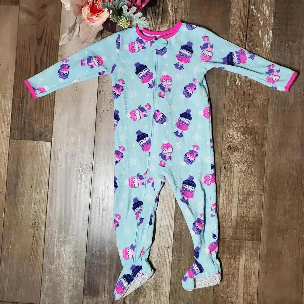 Carter's Size 2t Toddler Girl Blue And Pink Penguin Fleece Footed Pajamas